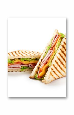 Sandwich with ham, cheese, tomatoes, lettuce, and toasted bread. Front view isolated on white background.