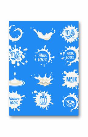 Kolekcja logo produktów mlecznych i mlecznych, projekt godła świeżej naturalnej żywności, plamy mleka z ilustracji wektorowych tekstu