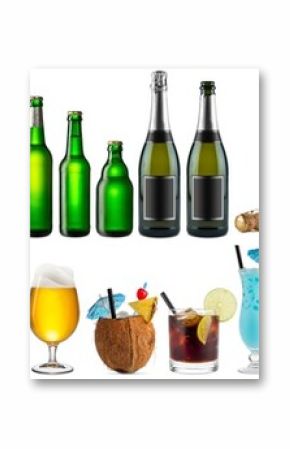 huge collection set of beverage alcoholic drinks cocktails champagne wine beer bottle glass isolated on white background