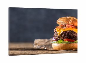 Close-up home made beef burger on wooden table