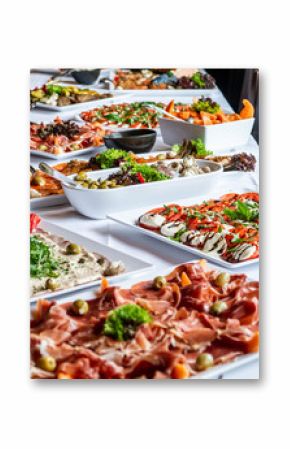 Party Brunch big Buffet table setting with Food Meat Vegetables