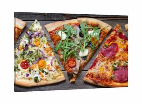 Pieces of pizza of different various types on old retro boards banner concept