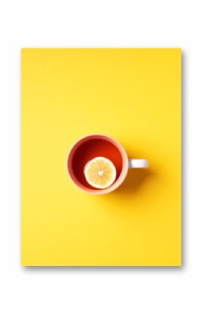 Cup of tea with lemon on yellow background. Top view. Copy space. Banner. Autumn or winter season concept