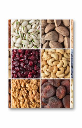 assorted nuts and dried fruit collection. colorful vegan food background