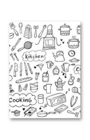 Set of doodle kitchen tools on white background. Doodle kitchen equipments. Vector illustration. Can be used for wallpaper, pattern fills, textile, web page background, surface textures.