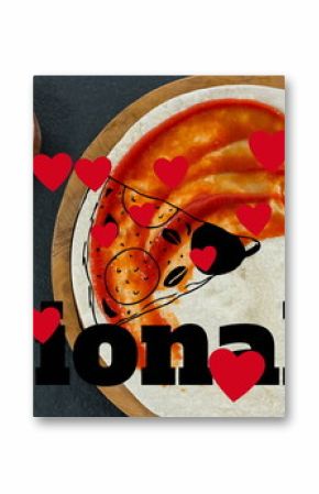 Multiple red heart icons floating and national pizza day text banner over sauce over pizza bread
