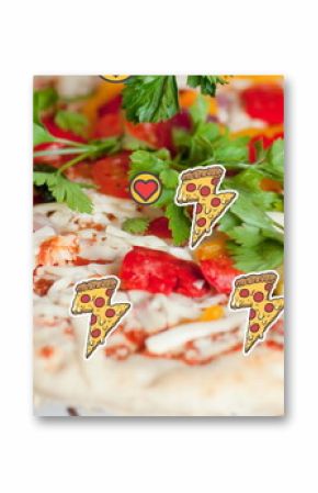 Multiple red heart and pizza slice icons against close up of pizza on grey surface