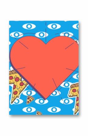 Red heart icon with copy space over pizza slice icons against blue background