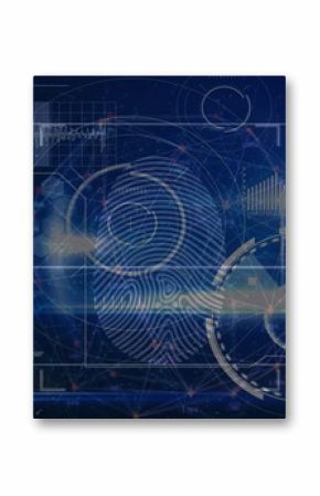 Displaying fingerprint scanning with circular overlays at control center, with gauges and bar graph