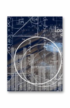 Showing white circle highlight enclosing bar graphs in digital interface, with equations and code