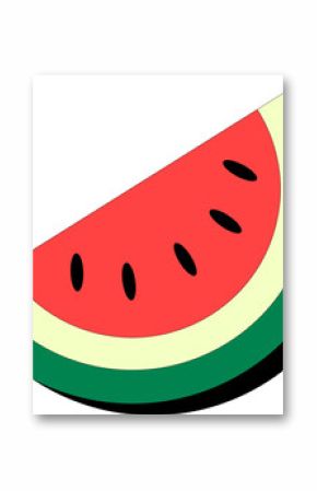 Showing flat design semicircular watermelon slice, tricolor layers, black seeds on transparent bg