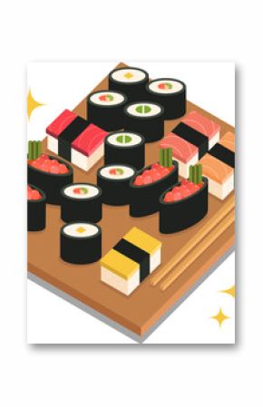 Wooden tray is floating on transparent background in flat with sushi pieces chopsticks and sparkle