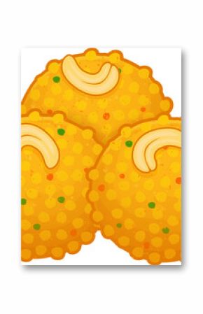 Vector art showing trio of golden-yellow balls on transparent background with cashew nut toppings