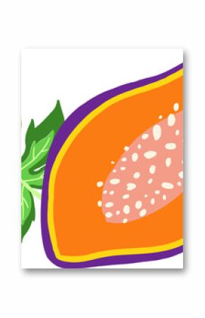 Half-cut papaya fruit is showing vivid seeds and leaf in flat design, transparent background
