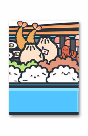 Cartoon bento box design is featuring rice balls, shrimp tempura, sushi on transparent background