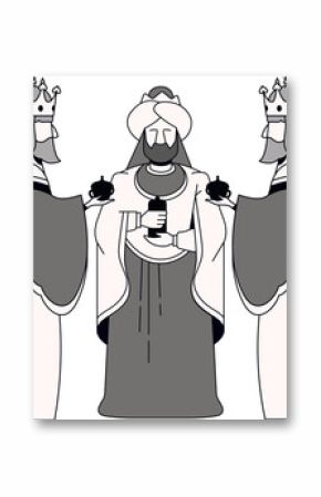 Regal Magi are presenting ornate vessels in monochrome vector illustration, transparent background