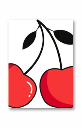 Pair of flat-design cherries hanging from black stems with leaves on transparent background