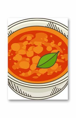 Flat design showing white bowl filled red-orange soup topped green leaf, transparent background