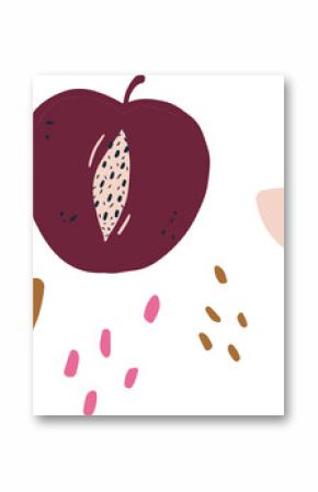 Flat design halved purple plum is floating on transparent background with abstract leaves and seeds