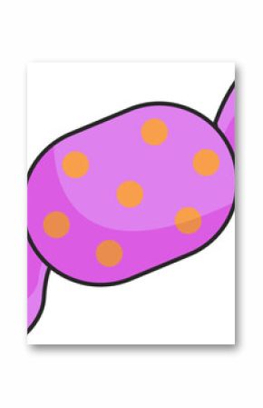 Cartoon candy is floating on transparent bg, showing purple-pink wrap, orange dots, twisted ends