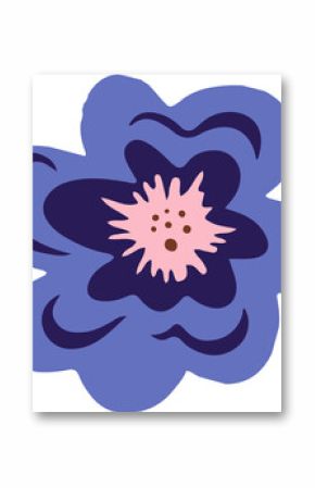 Flat illustration is showing purple flower with dark core, pink stamen, transparent background