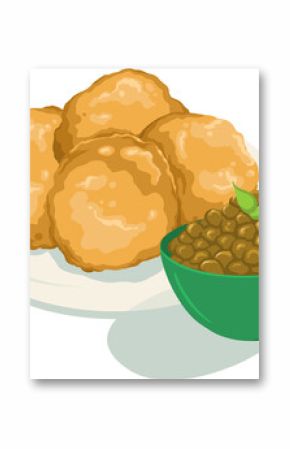 Displaying golden fritters on white plate with legumes bowl in flat design transparent background