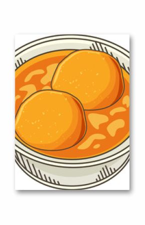 Showing vector art of bowl with two golden dumplings in orange gravy on transparent backdrop