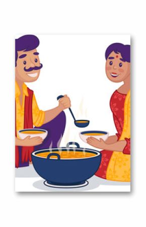 Flat design showing Indian couple scooping steaming curry from blue pot on transparent background