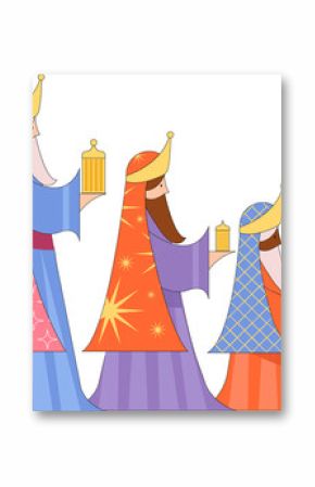 Flat design is showing three magi wearing robes and crowns holding gifts on transparent background