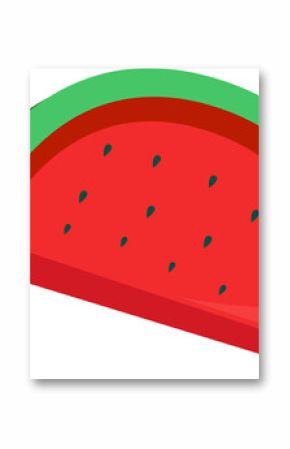 Showing flat design watermelon wedge with green rind, red flesh and seeds on transparent background