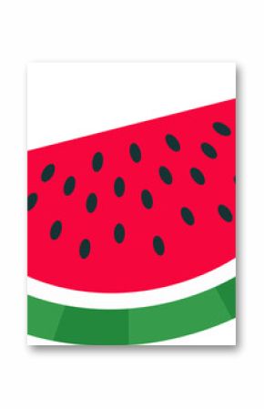 Flat stylized watermelon slice is floating on transparent backdrop showing red flesh and green rind