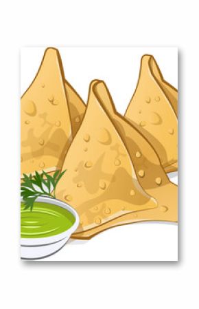Flat style is showing three golden samosas on transparent background with green chutney, herb sprig