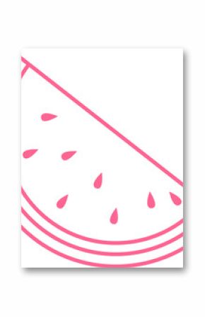 Pink line-art watermelon slice is showing layered rind and teardrop seeds on transparent background