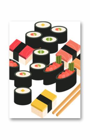 Assorted sushi are resting in flat style on transparent backdrop with maki nigiri gunkan chopsticks