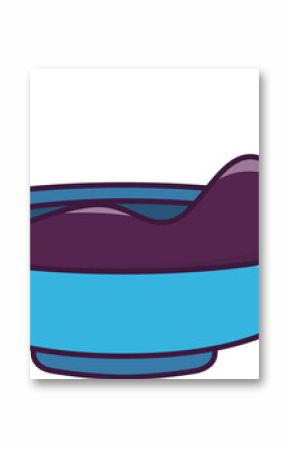 Flat vector design is showing blue bowl with wavy purple puree and droplets, transparent background
