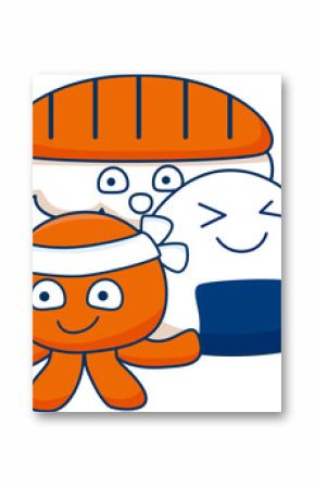 Flat design food mascots are posing on transparent backdrop with octopus headband, sushi, onigiri