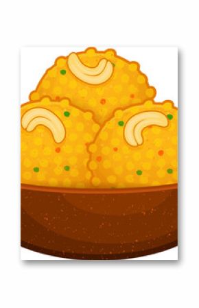 Three laddoos are being shown in transparent background flat design, brown bowl with halved cashews