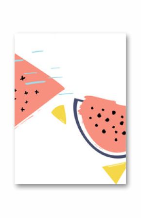 Brush-stroke fruit slices are showing on transparent background with seed-dots and colored accents