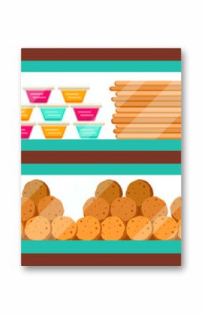 Flat illustration of teal snack stall showing sauces, dips, breads, balls, clay pot, transparent bg