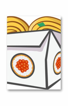 Cartoon to-go box is spilling yellow noodles from flaps with sushi motifs on transparent background