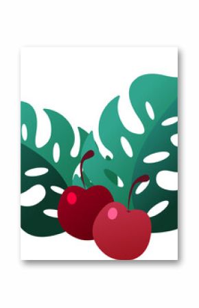 Flat design showing red cherries nesting against green monstera leaves on transparent background