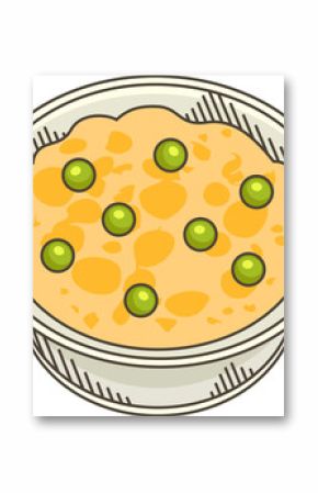Cartoon white bowl is showing creamy orange soup topped with green peas on transparent background