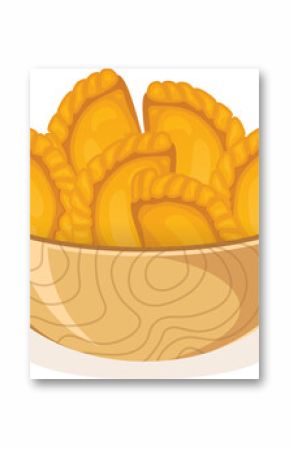 Vector illustration showing wooden bowl holding golden dumplings on clear background, copy space