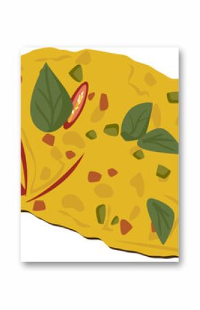 Flat design showing diced veg omelette slice on transparent background, basil and chili slices