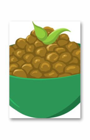 Flat illustration is showing green bowl with brown lentils topped by green leaves on transparent bg