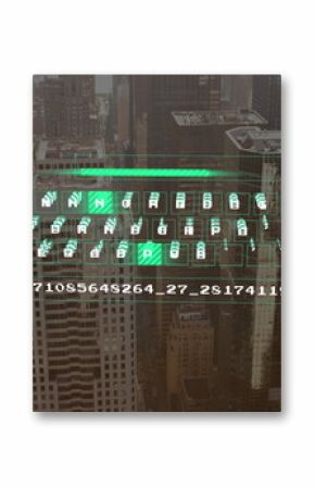 Floating green holographic keyboard with numeric code above downtown skyline, showing progress bar
