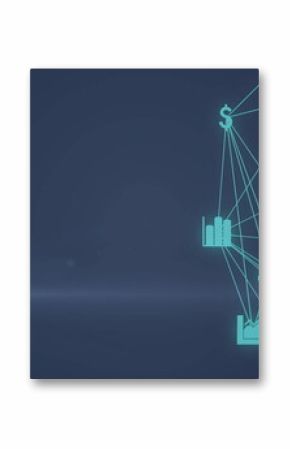 Displaying turquoise network on blue gradient, with dollar, bar chart and factory icon, copy space