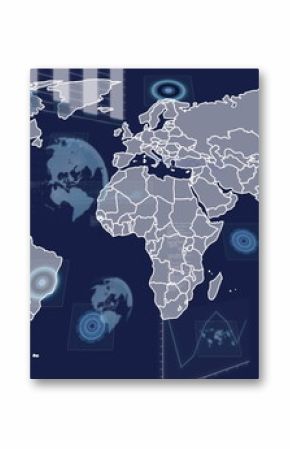Showing stylized world map on screen with semi-transparent data panels, bar charts and line graphs