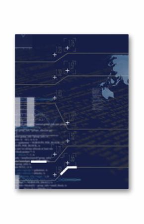 Displaying interface showing code fragments, bar charts and globe icons on screen, data monitoring