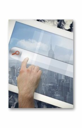 Hands touching search bar on tablet screen